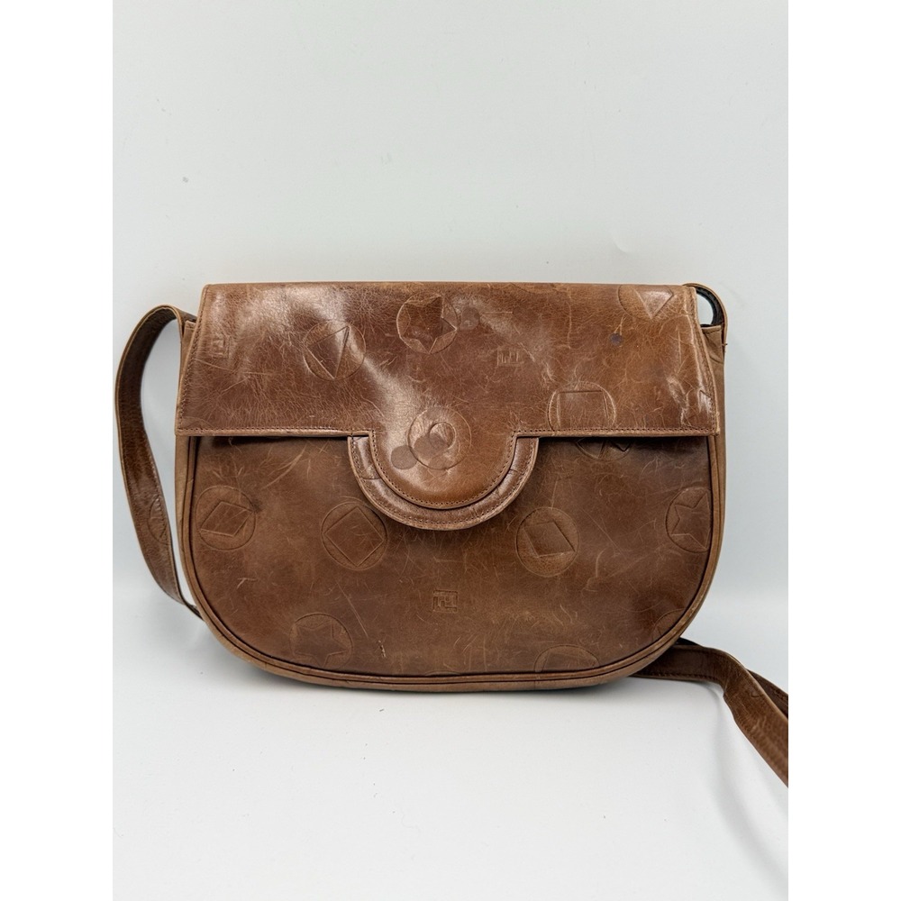 Authentic Vintage Fendi Roma Brown Leather Embossed Geometric Crossbody Bag